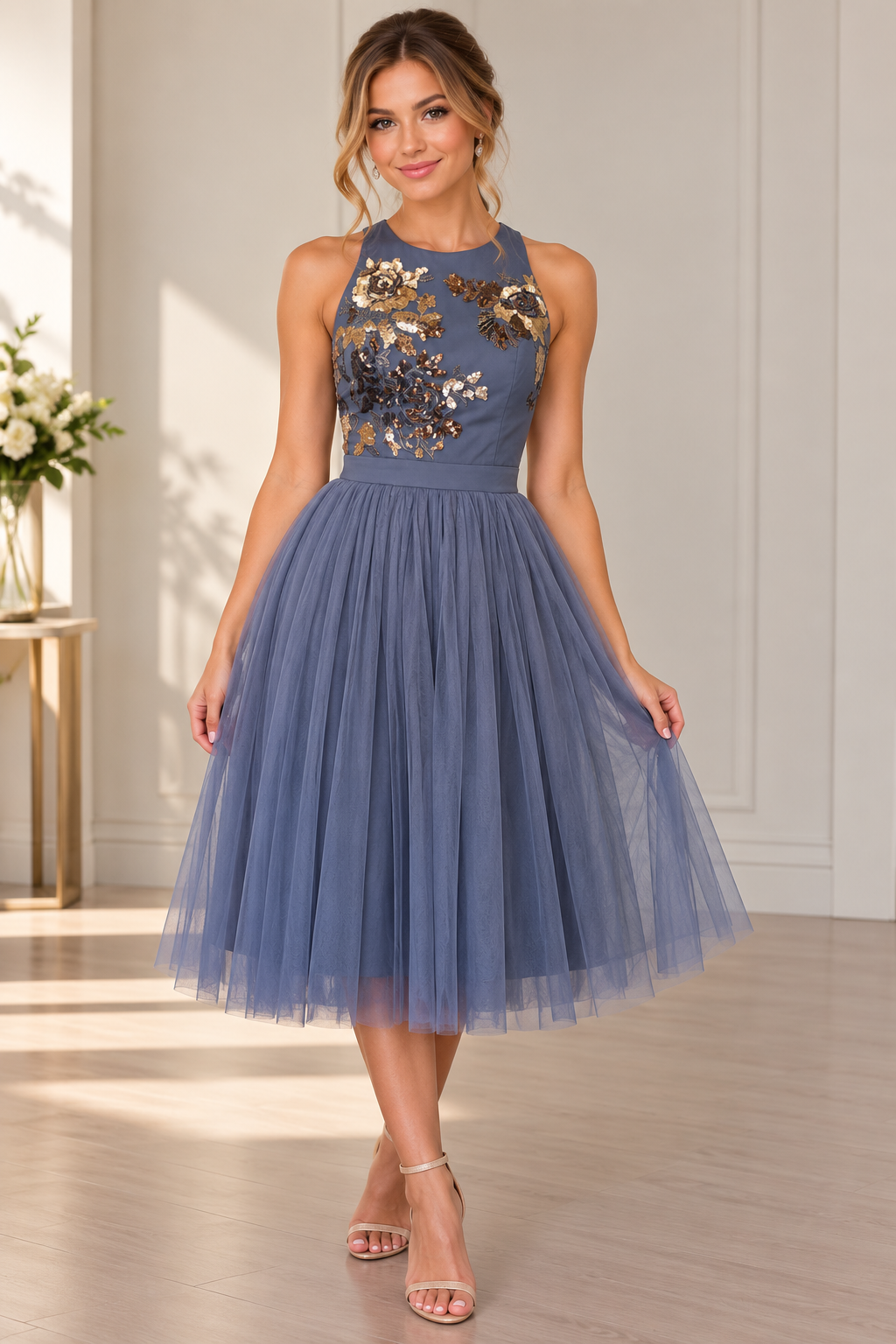 Little Mistress Dusty Blue Sequin & Tulle Midi Dress