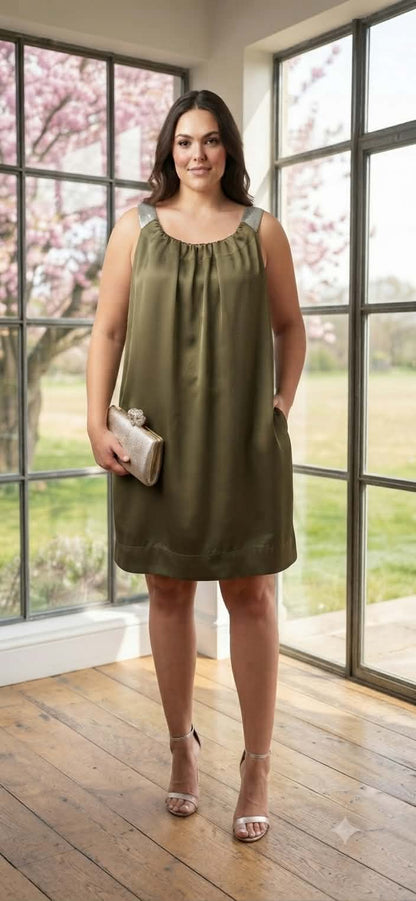 Sara Olive Satin Shift Dress