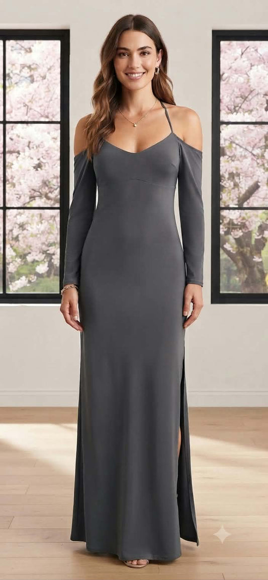 Meshki Cold-Shoulder Halter Maxi Dress in charcoal gray, full length view