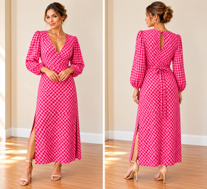 Pink Gingham Wrap Maxi Dress