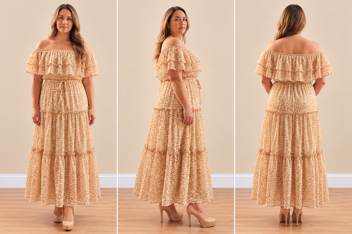 Champagne Animal Print Ruffle Maxi Dress