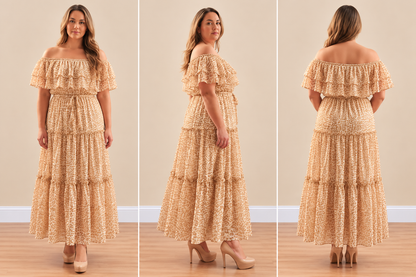 Champagne Animal Print Ruffle Maxi Dress