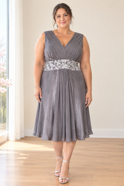Silver Grey Embroidered Waist Midi Dress