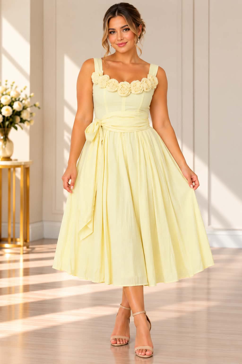 Annah.S – Pastel Yellow Floral Midi Dress