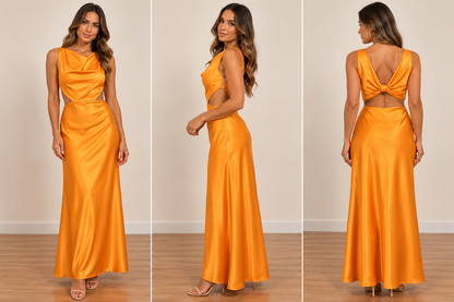 Sunset Orange Satin Cut-Out Maxi Dress