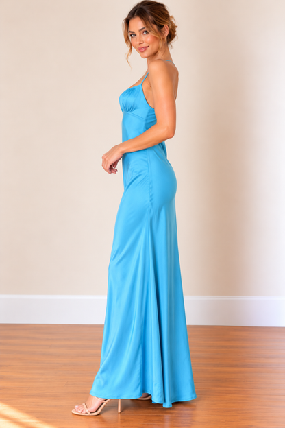 Turquoise Blue Satin Maxi Dress