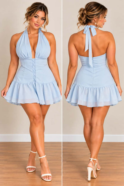 Sky Blue Halter Neck Mini Dress
