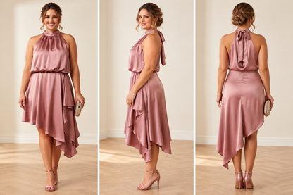 Dusty Rose Satin Halter Asymmetric Dress