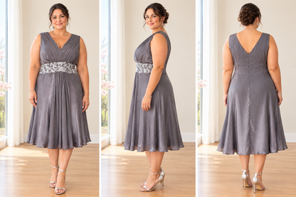 Silver Grey Embroidered Waist Midi Dress