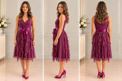 Plum Lace & Chiffon Ruffle Midi Dress