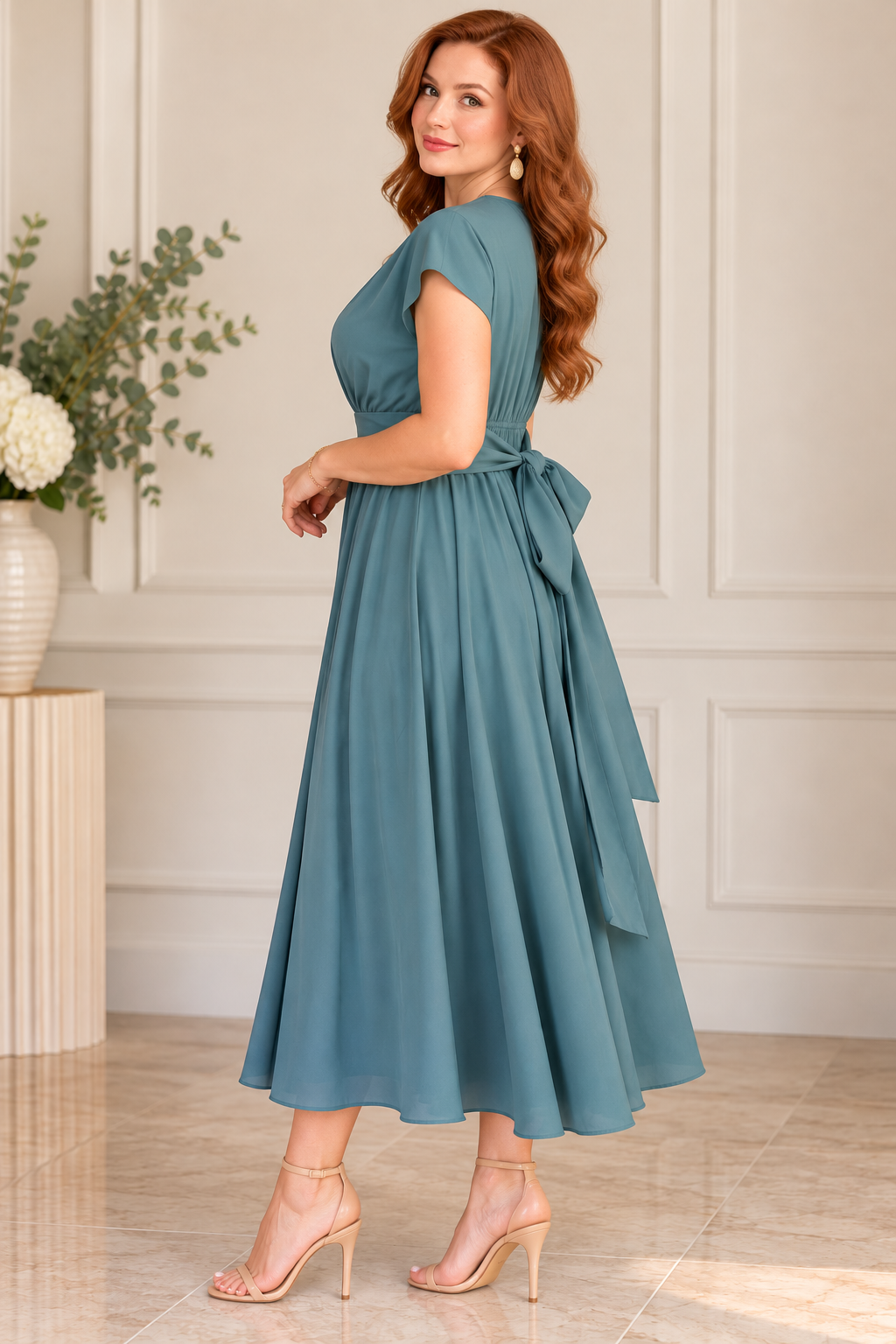 Teal Wrap-Style Midi Dress