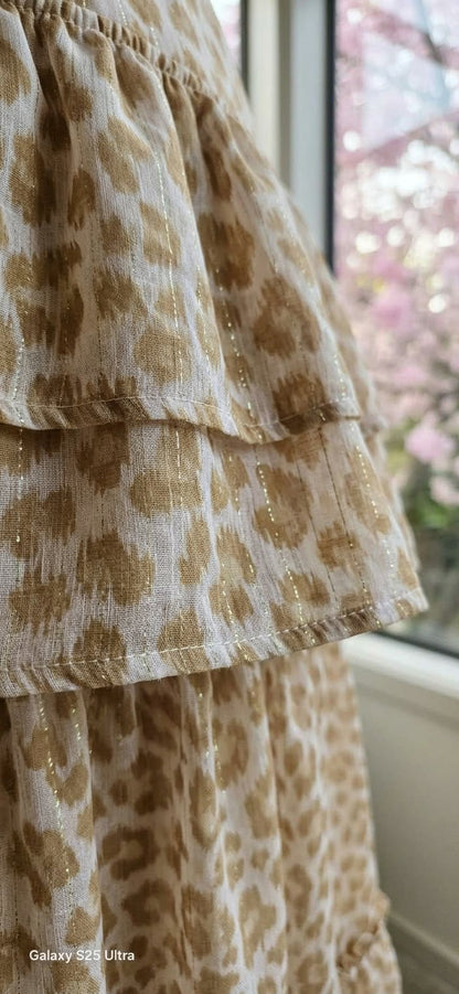 Champagne Animal Print Ruffle Maxi Dress