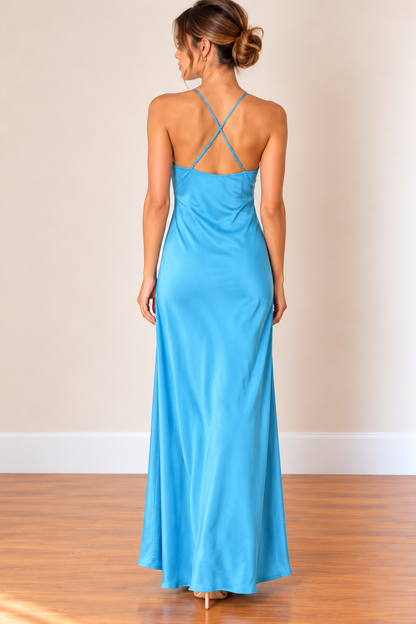 Turquoise Blue Satin Maxi Dress