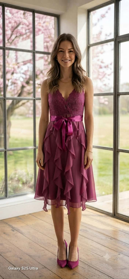 Plum Lace & Chiffon Ruffle Midi Dress