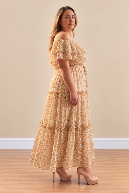 Champagne Animal Print Ruffle Maxi Dress