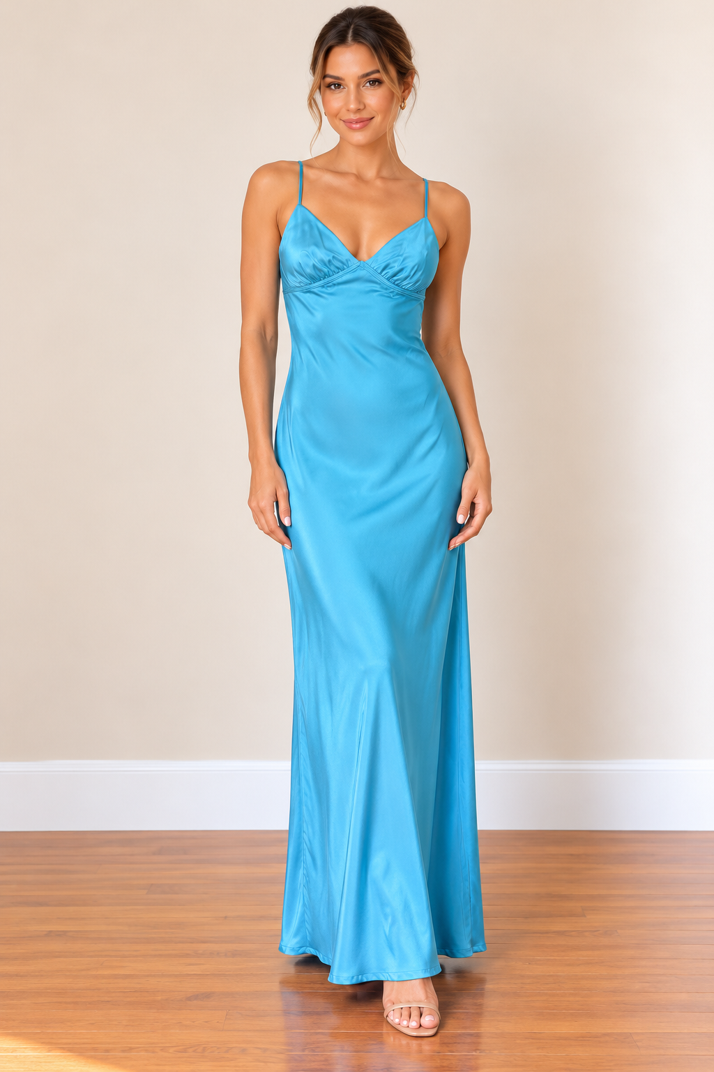Turquoise Blue Satin Maxi Dress