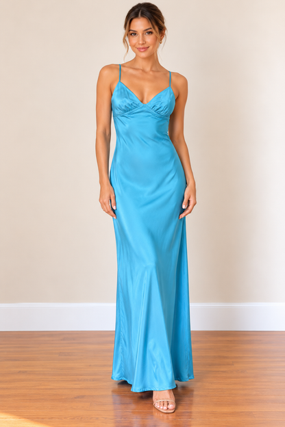 Turquoise Blue Satin Maxi Dress