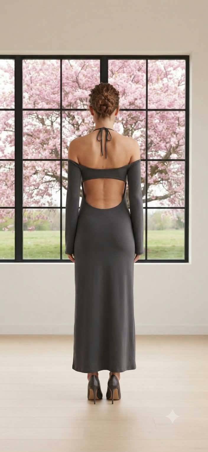 Meshki Charcoal Grey Open-Back Maxi Dress