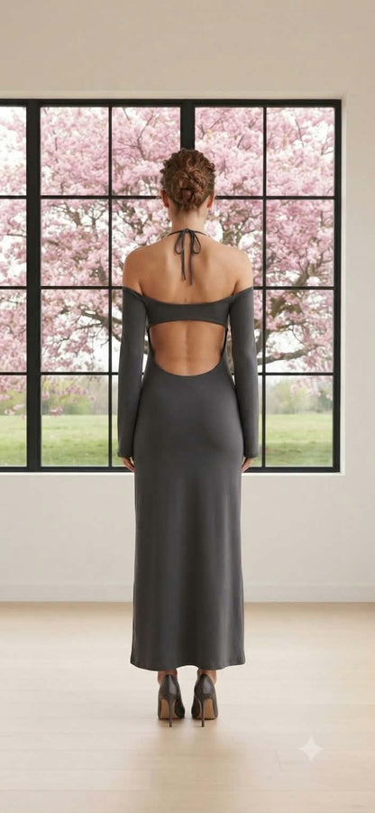 Meshki Charcoal Grey Open-Back Maxi Dress