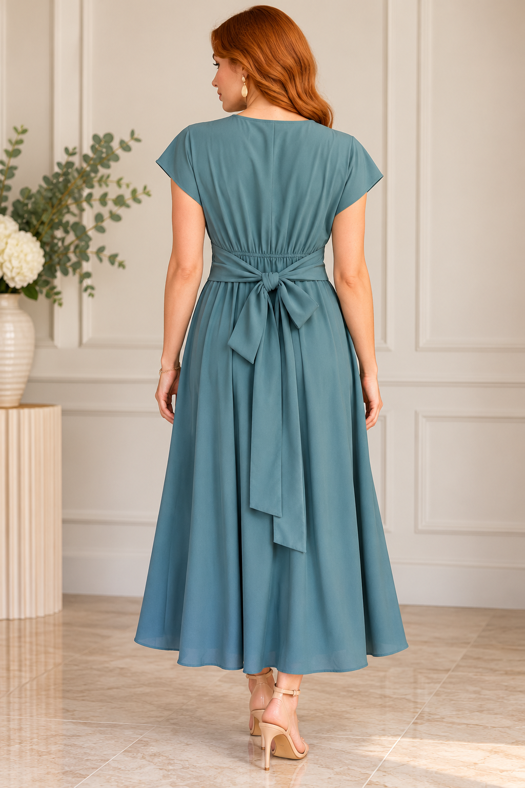 Teal Wrap-Style Midi Dress