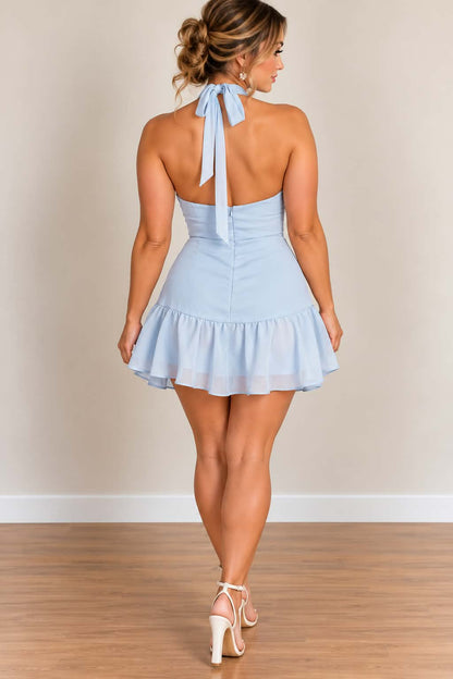 Sky Blue Halter Neck Mini Dress