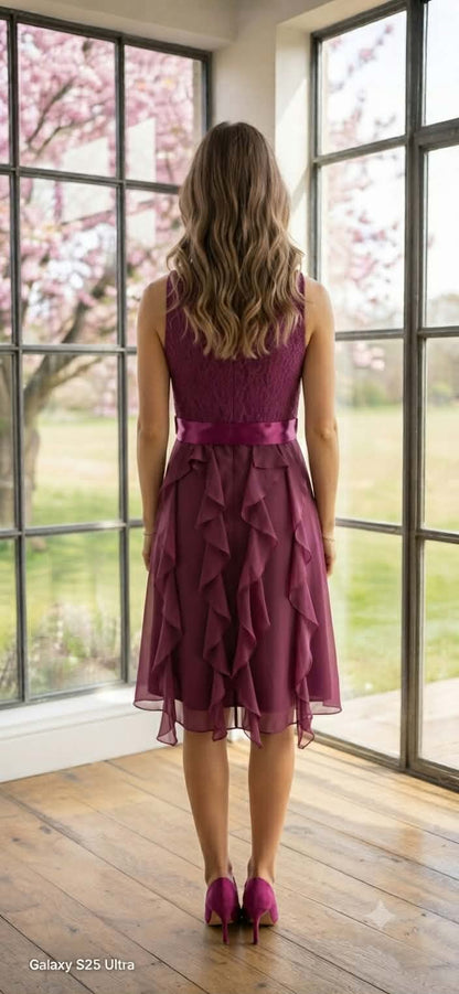 Plum Lace & Chiffon Ruffle Midi Dress