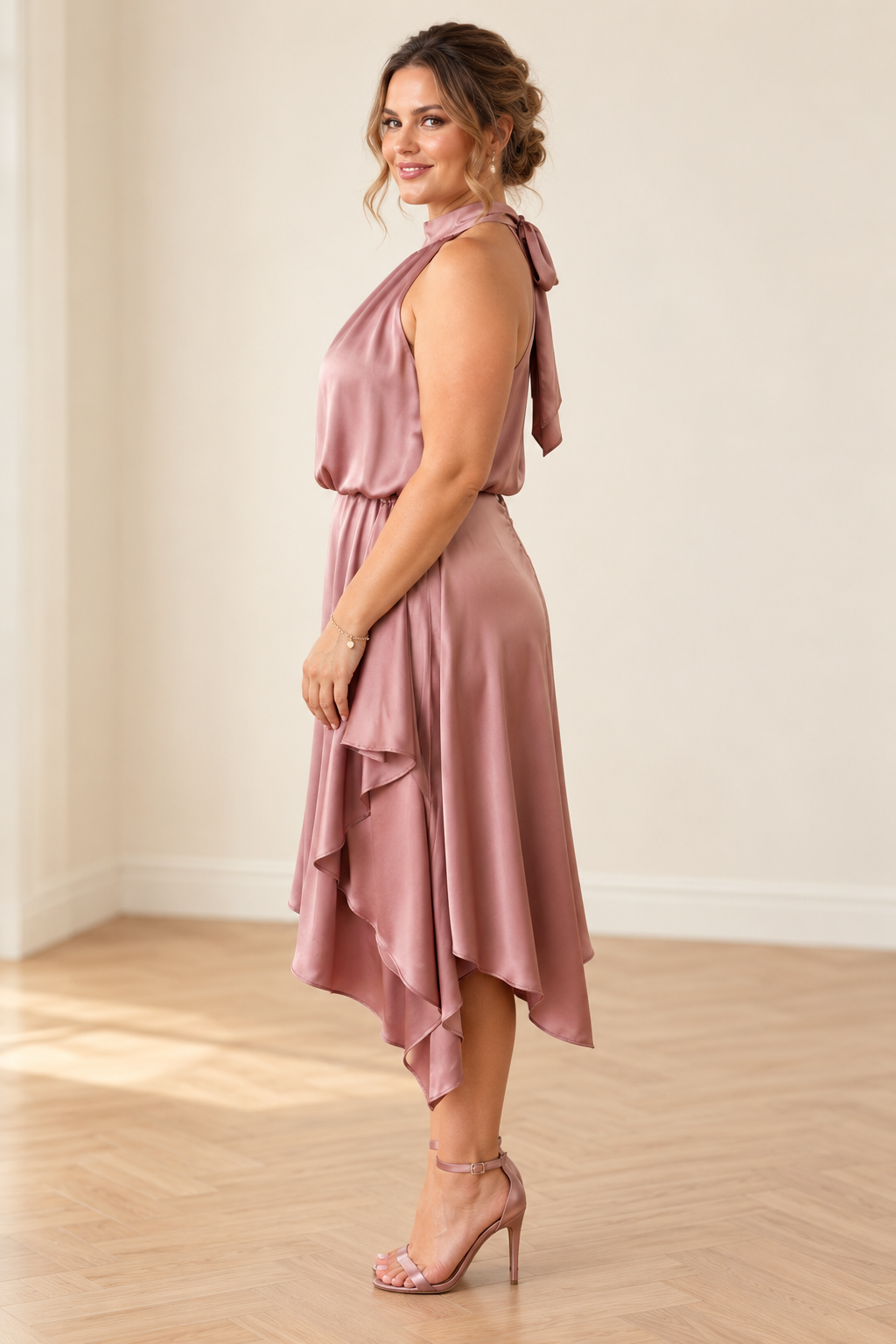 Dusty Rose Satin Halter Asymmetric Dress