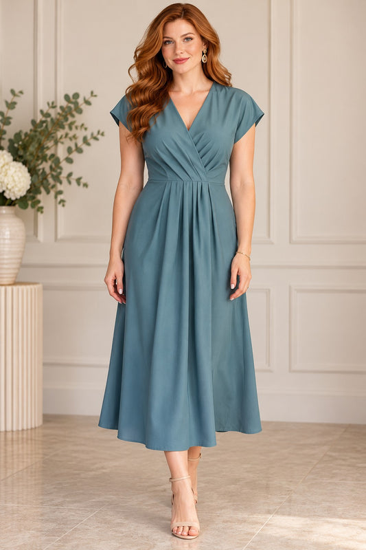 Teal Wrap-Style Midi Dress