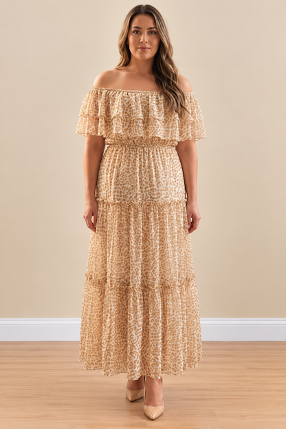 Champagne Animal Print Ruffle Maxi Dress