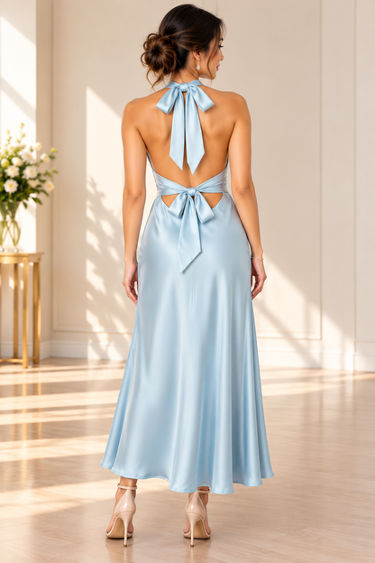 Ice Blue Satin Halter Maxi Dress