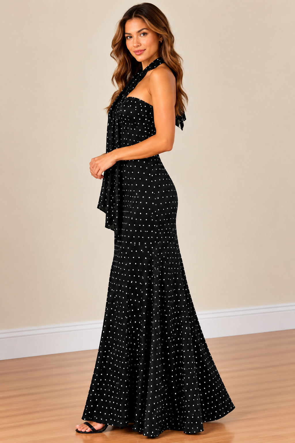 Black Polka Dot Halter Maxi Dress
