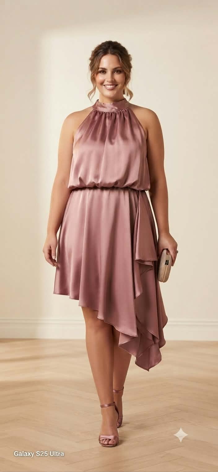 Two Sisters The Label Satin Halter Asymmetric Dress in dusty rose, full length view