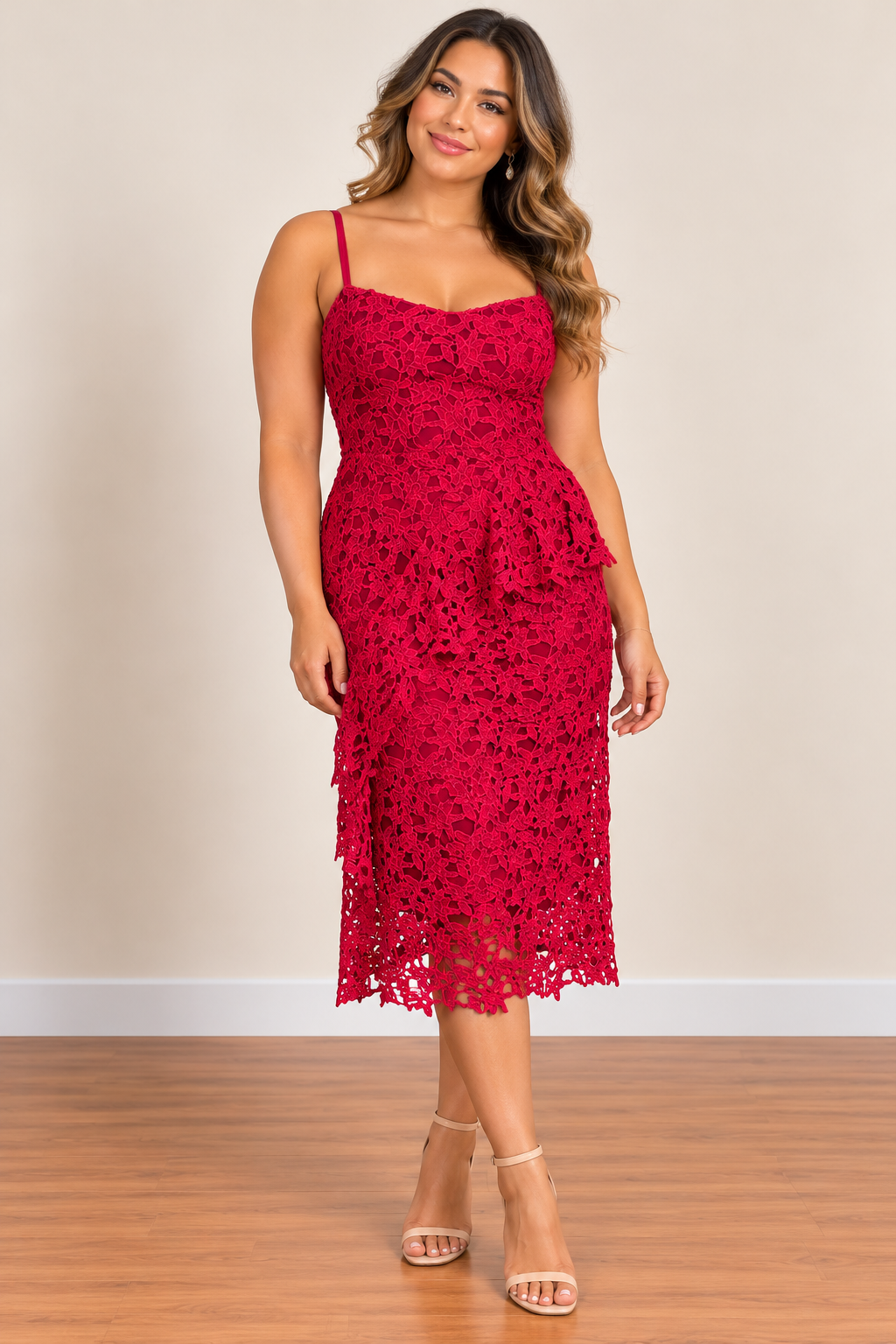 Red Floral Lace Midi Dress