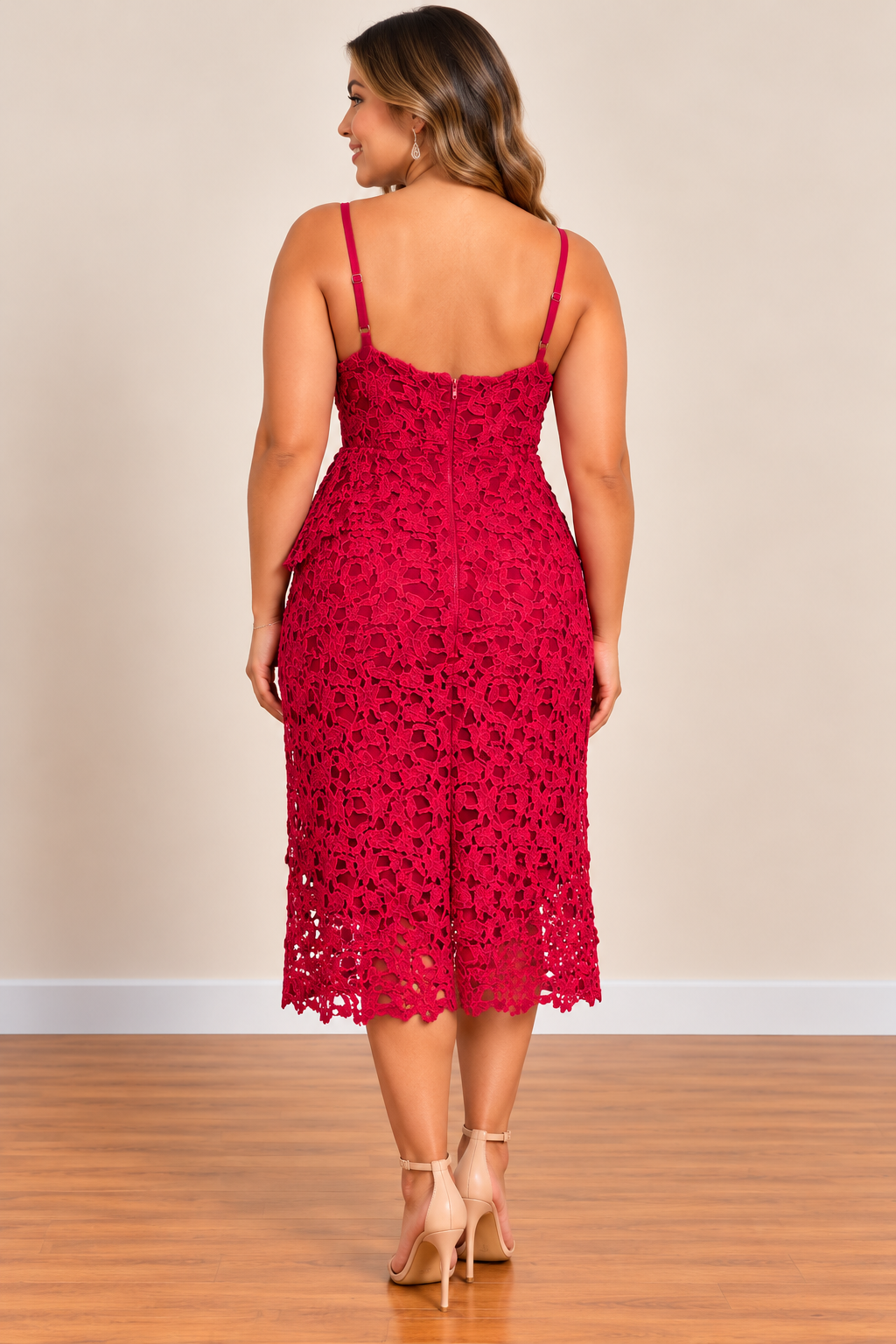 Red Floral Lace Midi Dress
