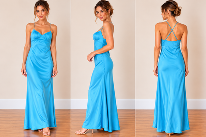 Turquoise Blue Satin Maxi Dress