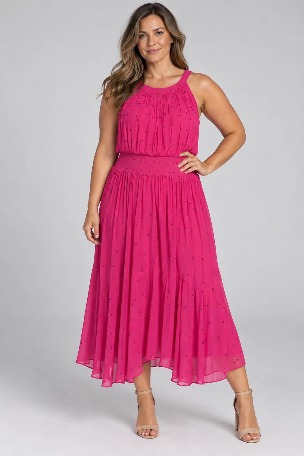 City Chic Magenta Dotted Halter Midi Dress full length view