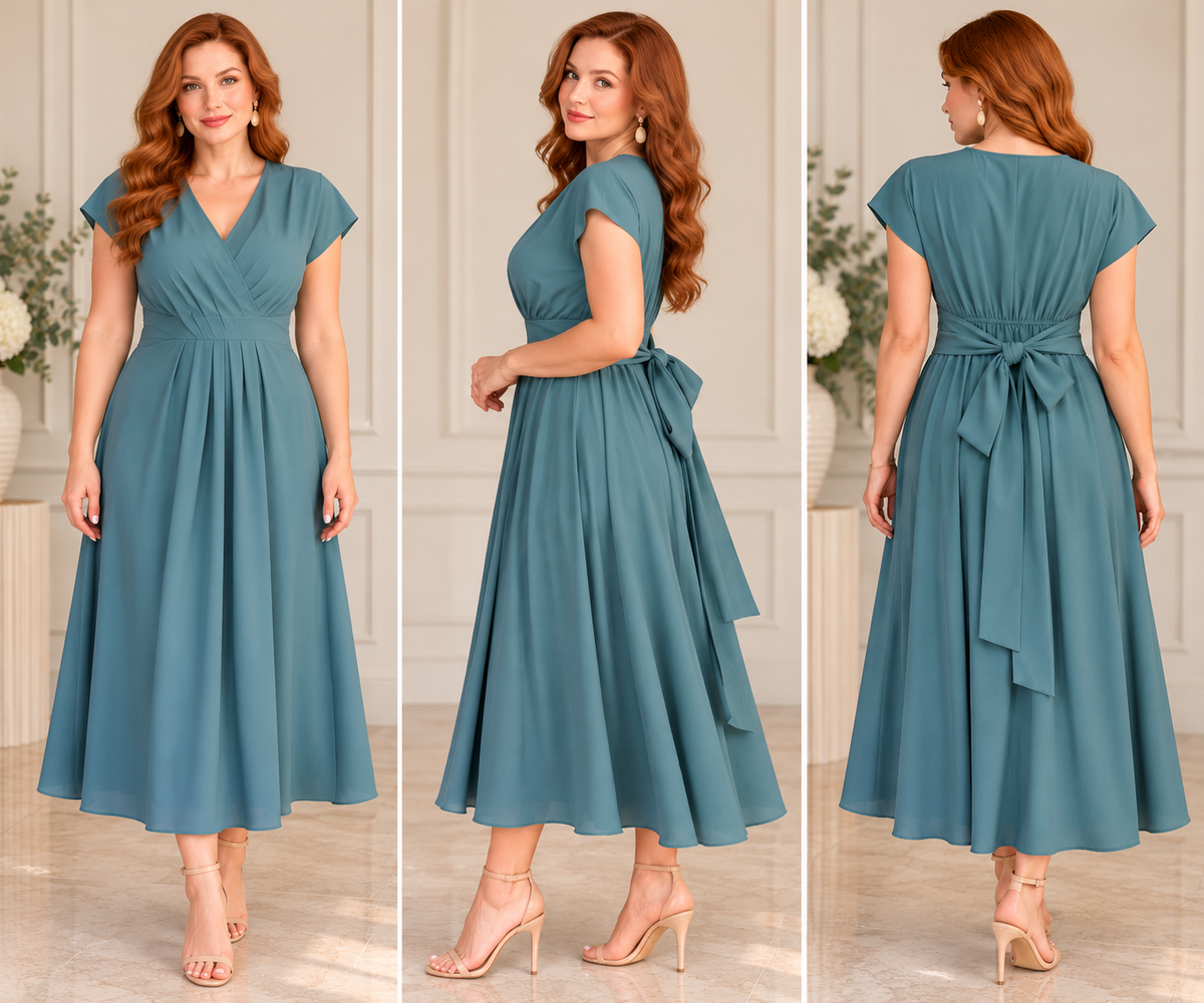 Teal Wrap-Style Midi Dress