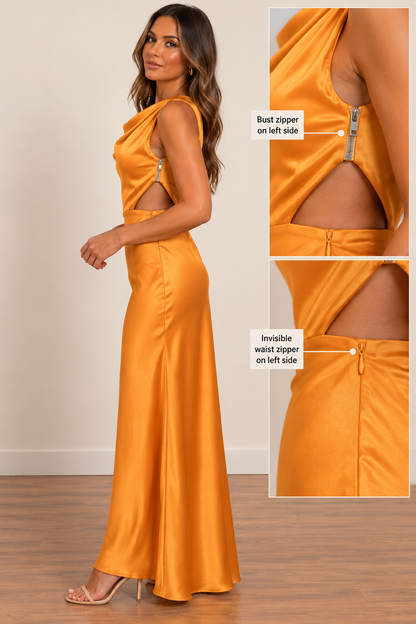 Sunset Orange Satin Cut-Out Maxi Dress