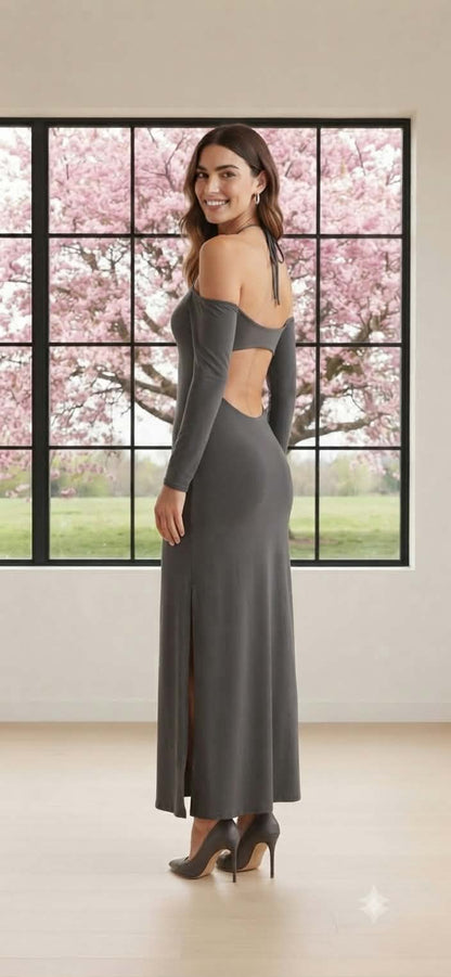 Meshki Charcoal Grey Open-Back Maxi Dress