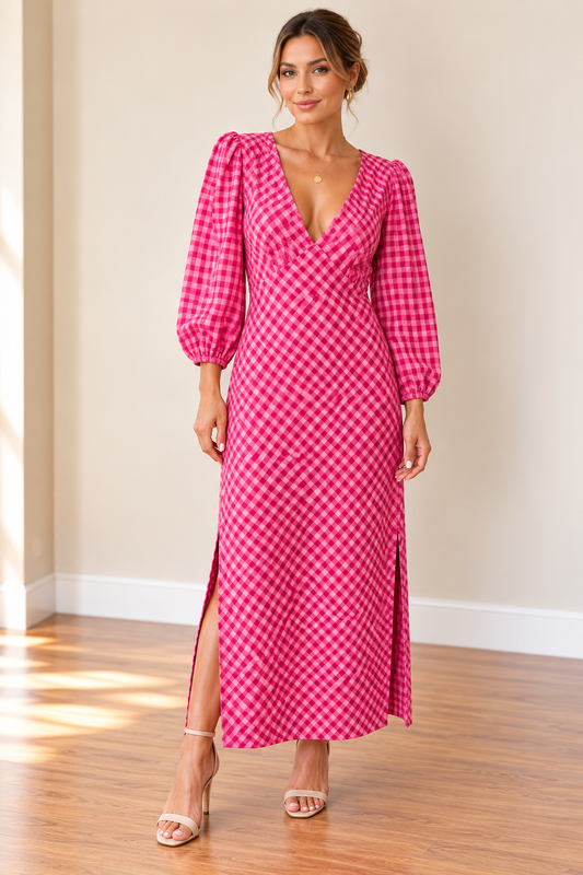 Pink Gingham Wrap Maxi Dress