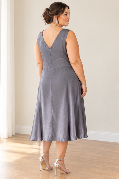 Silver Grey Embroidered Waist Midi Dress