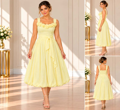 Annah.S – Pastel Yellow Floral Midi Dress