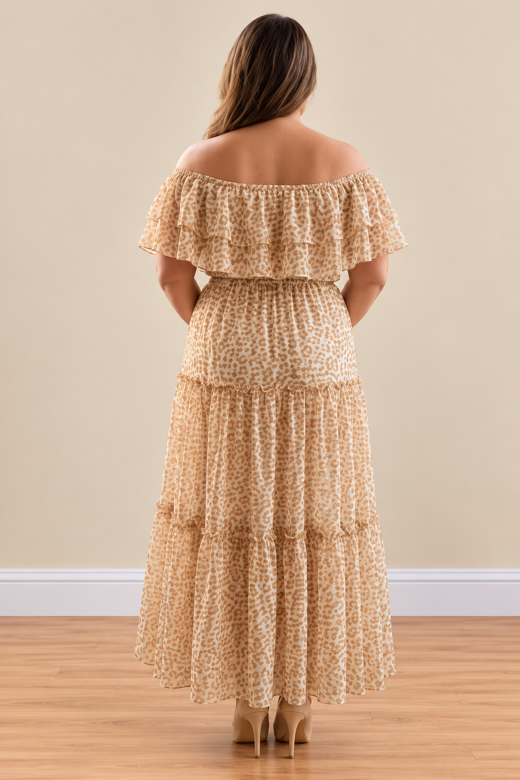 Champagne Animal Print Ruffle Maxi Dress