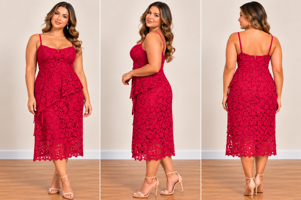 Red Floral Lace Midi Dress