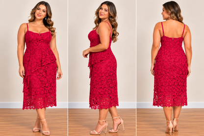 Red Floral Lace Midi Dress