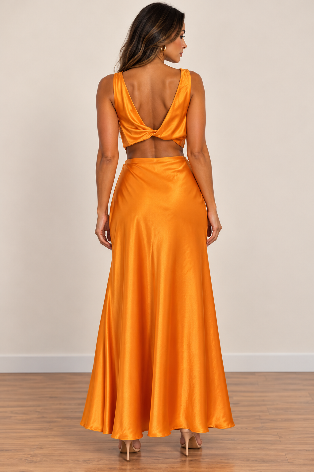 Sunset Orange Satin Cut-Out Maxi Dress