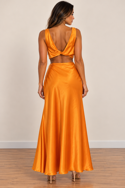 Sunset Orange Satin Cut-Out Maxi Dress