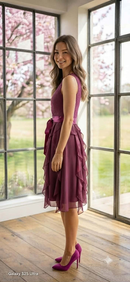 Plum Lace & Chiffon Ruffle Midi Dress