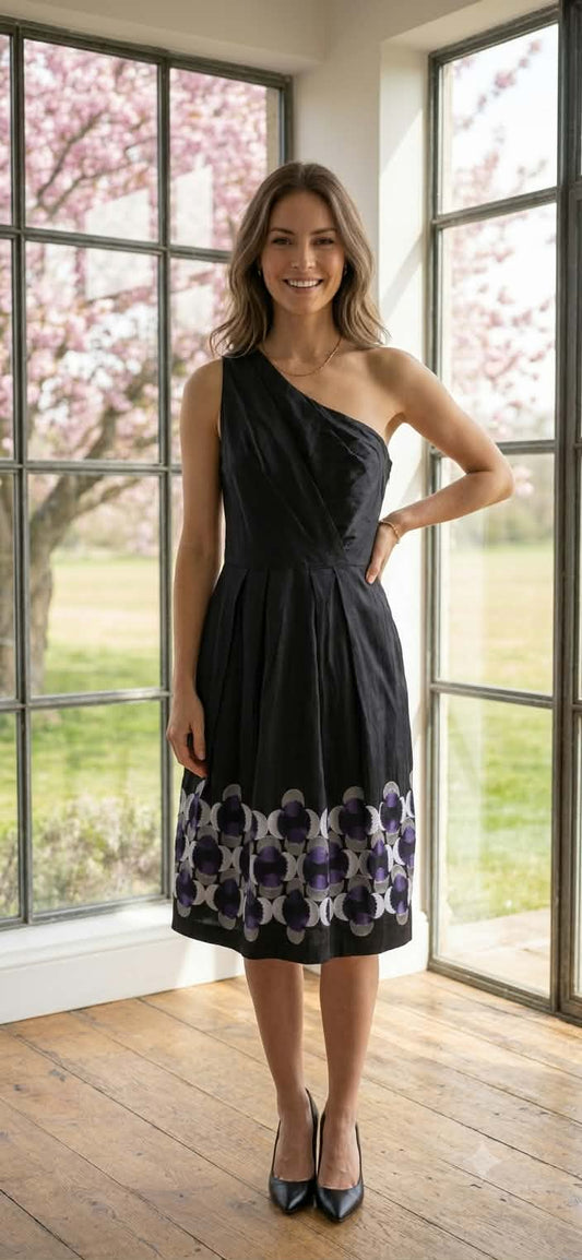 Moss & Spy One-Shoulder Embroidered Cocktail Dress full length view